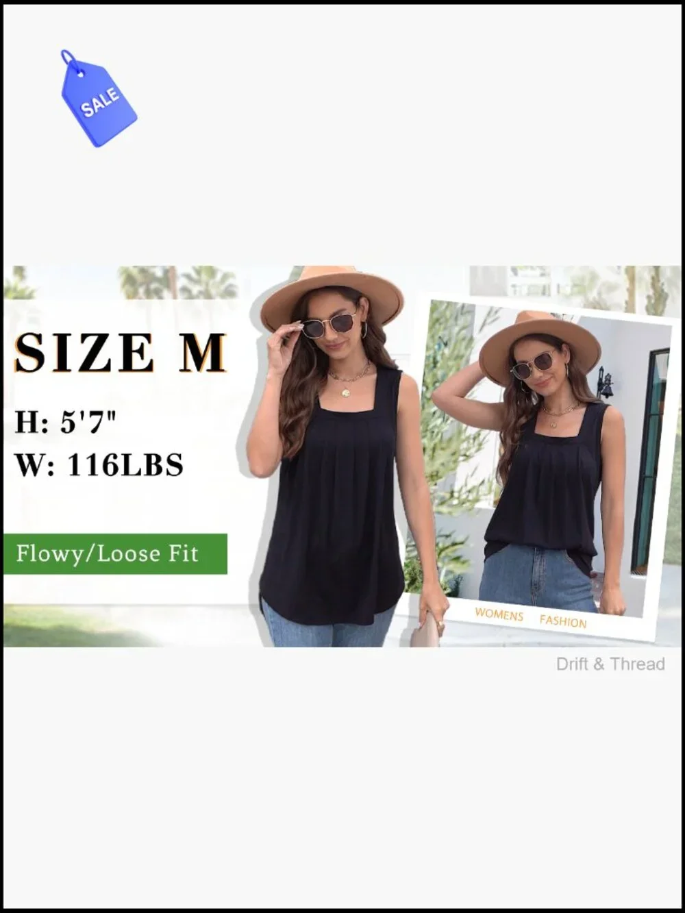 Women's Loose Fit Square Neck Tank Top Pleated Curved Hem Summer